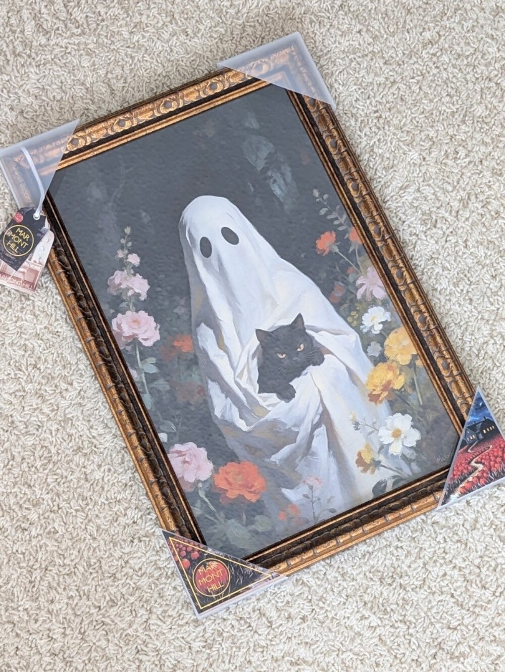 Marmont Hill Vintage Gold Ornate Framed Ghost w/ Cat Wall Art, Halloween Decor👻